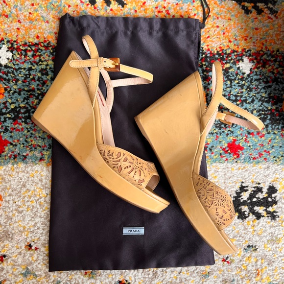 Prada Nude Patent Wedge Heel Sandals - Picture 2 of 8